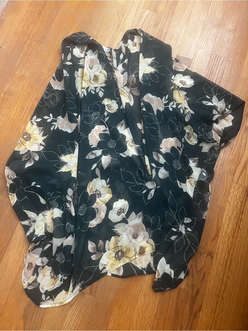 Maternity cover up- Emerald Black Sheer Floral Duster with Cream Blooms